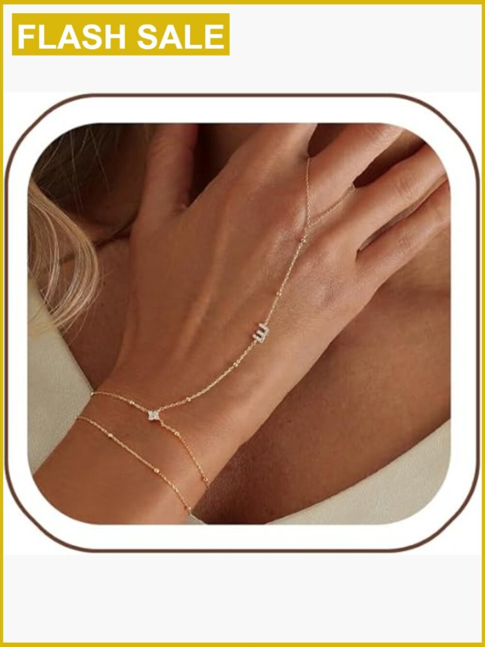 Dainty Initial CZ Hand Chain Bracelet 14K Gold Plated Link Chain